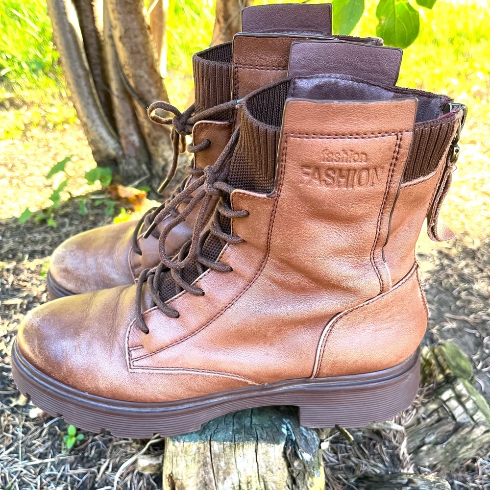 Women’s Genuine Leather Lace-Up Ankle Boots – Brown Size 8
